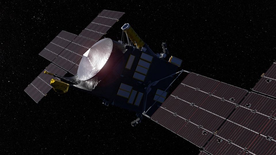 Psyche-rumfartøjet er på vej mod asteroiden Psyche mellem Mars og Jupiter, hvor DTU's magnetometer skal undersøge, om asteroiden bærer spor af et oprindeligt magnetfelt. Visualisering: NASA/JPL-Caltech/ASU